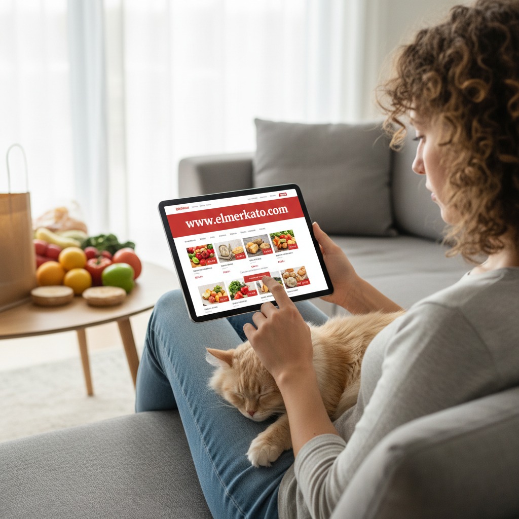 Una mujer con un gato en el regazo utiliza una tableta para navegar por la página web de un supermercado mientras está sentada en un sofá.