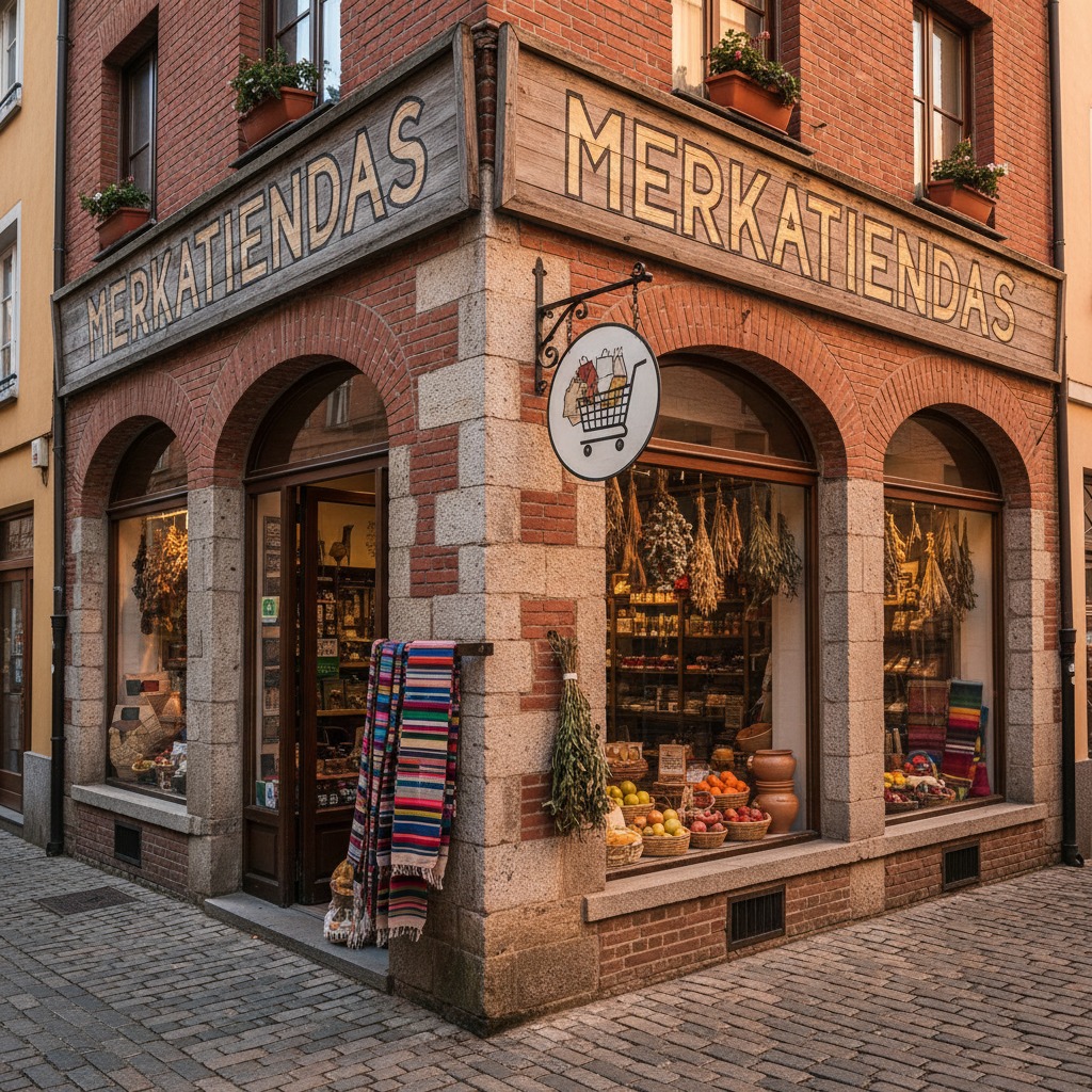 Fachada de una tienda de esquina llamada Merkatiendas con paredes de ladrillo y piedra, grandes ventanales con productos a la venta y mantas de colores colgadas en la entrada.