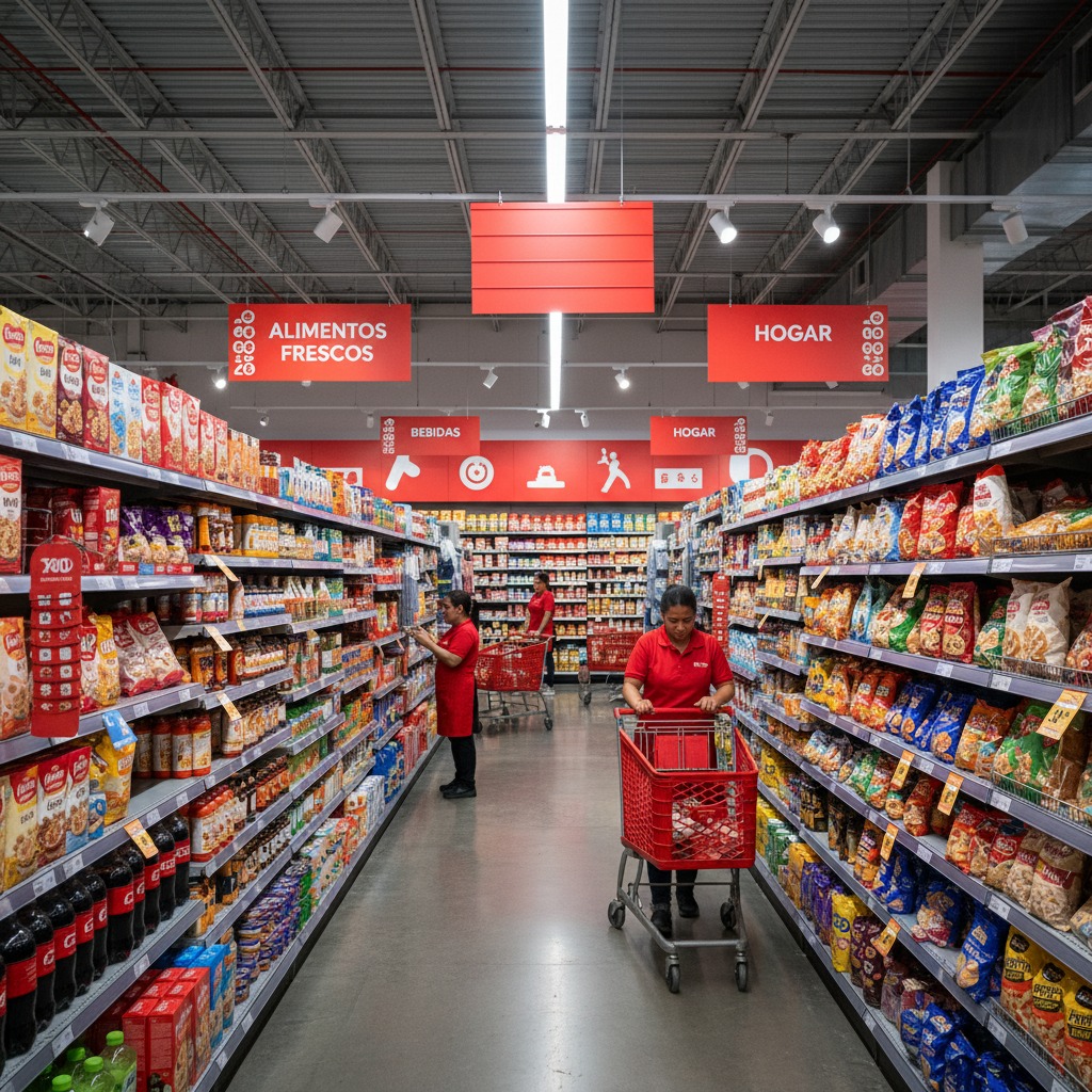 Dos empleadas con uniforme rojo organizan los estantes de un supermercado mientras una de ellas empuja un carrito de compras.